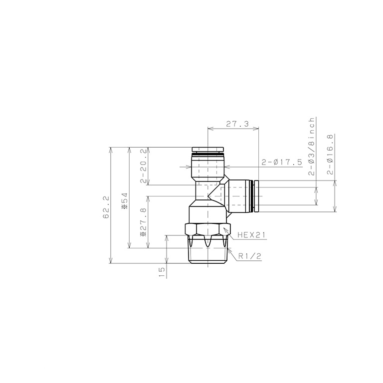 Đầu Nối Nhanh Khí Nén Dạng Chữ T Ren Ngoài Pisco PD3/8-04_drawing