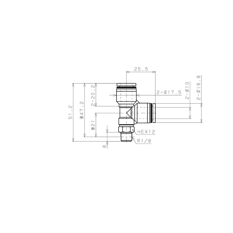 Đầu Nối Nhanh Khí Nén Dạng Chữ T Ren Ngoài Pisco PD10-01-C_drawing
