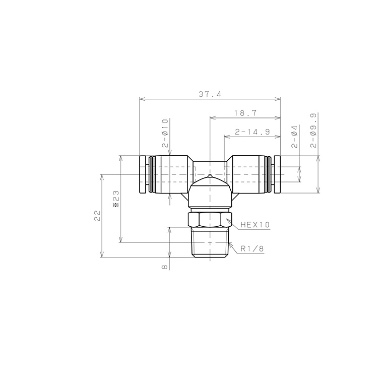 Đầu Nối Nhanh Khí Nén Dạng Chữ T Ren Ngoài Pisco PB4-01W_drawing
