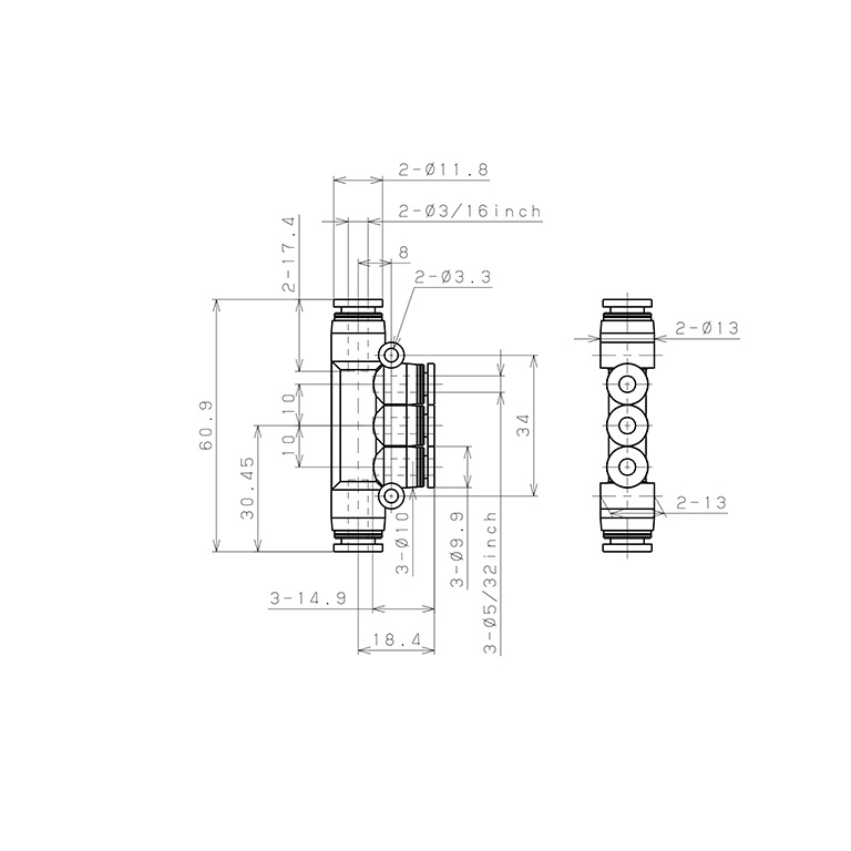 Đầu Nối Nhanh Khí Nén Chữ T 5 Ngã Dạng Nối Giảm Pisco PKG3/16-5/32-C_drawing