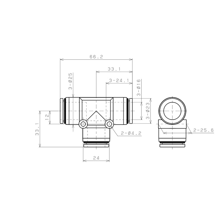 Đầu Nối Nhanh Khí Nén Chữ T Pisco PE16-C_drawing
