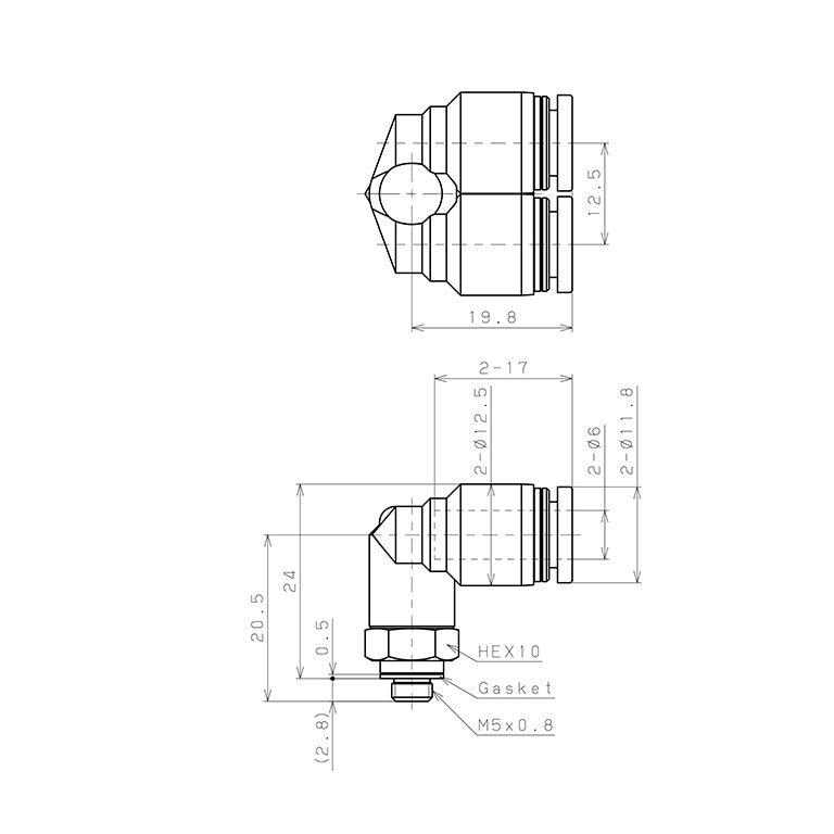 Đầu Nối Nhanh Khí Nén Hai Nhánh Cong 90° Ren Ngoài Pisco PAX6-M5_drawing