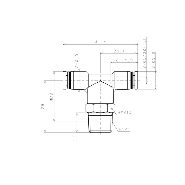 Đầu Nối Nhanh Khí Nén Dạng Chữ T Ren Ngoài Pisco PB5/32-02W_drawing