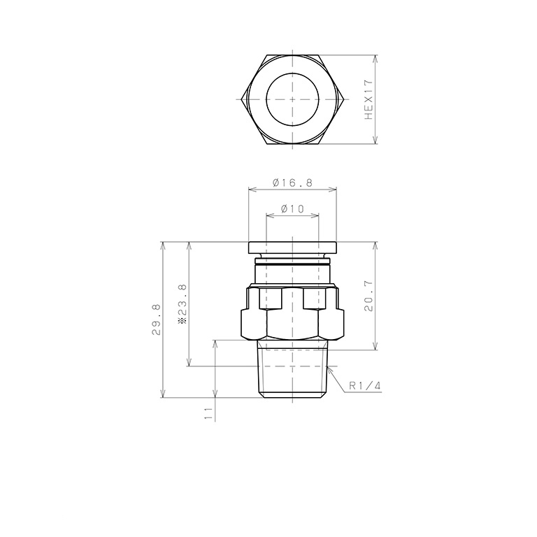 Đầu Nối Nhanh Khí Nén Dạng Thẳng Thân Lục Giác Ren Ngoài Pisco PC10-02-UC_drawing