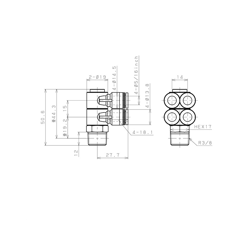 Đầu Nối Nhanh Khí Nén Bốn Nhánh Cong 90° Thân Lục Giác Trụ Ren Ngoài Pisco PAW5/16-03_drawing