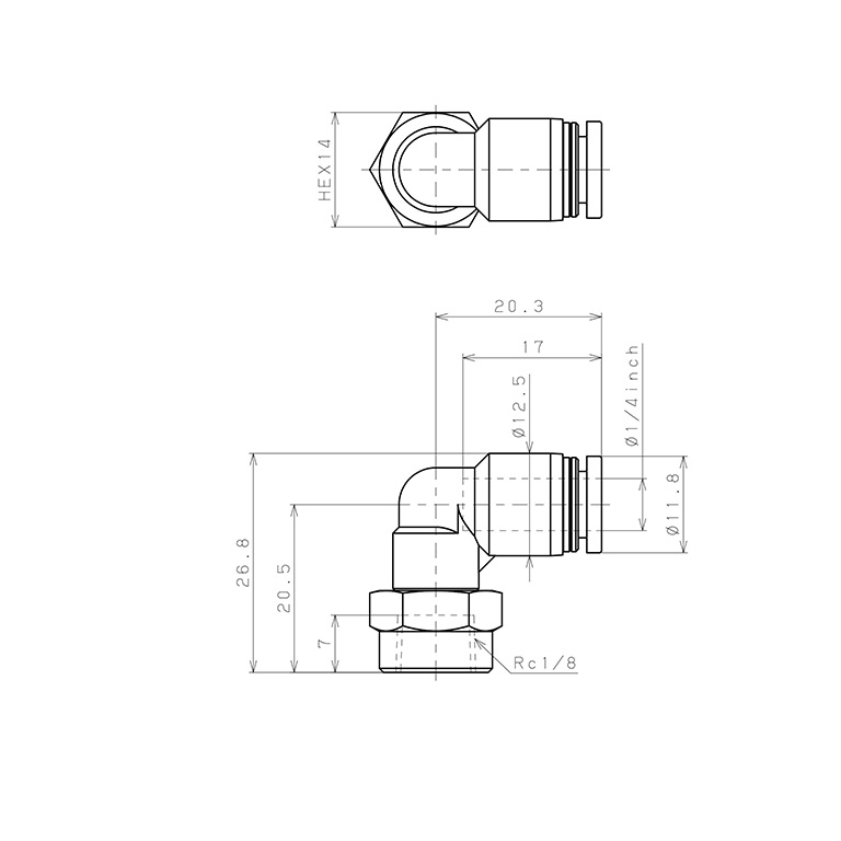 Đầu Nối Nhanh Khí Nén Dạng Cong 90° Ren Trong Pisco PLF1/4-01_drawing