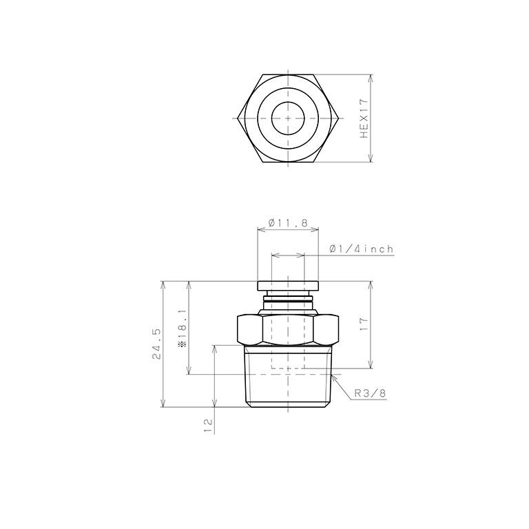 Đầu Nối Nhanh Khí Nén Dạng Thẳng Thân Lục Giác Ren Ngoài Pisco PC1/4-03-C_drawing