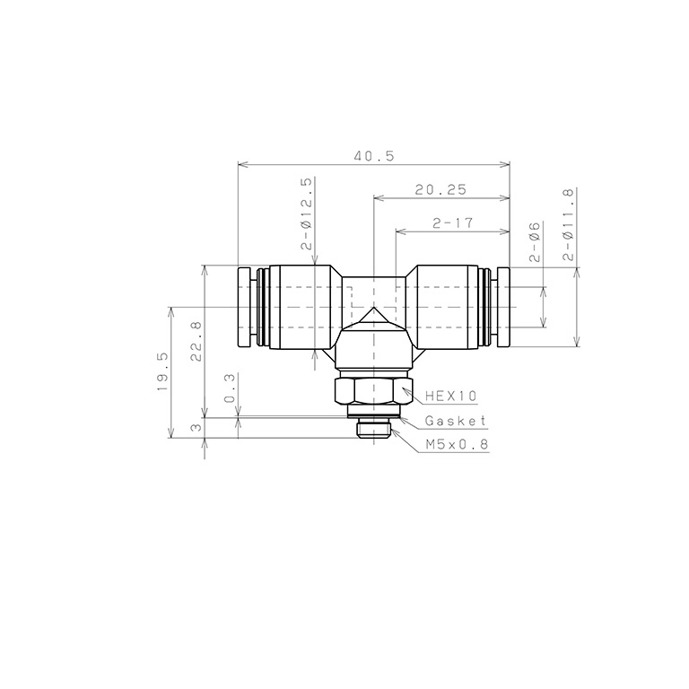Đầu Nối Nhanh Khí Nén Dạng Chữ T Ren Ngoài Pisco PB6-M5-UC_drawing