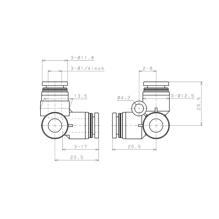 Đầu Nối Nhanh Khí Nén Chạc Ba 90° Pisco PVU1/4_drawing