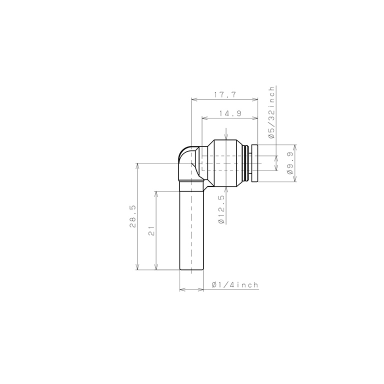 Đầu Nối Nhanh Khí Nén Giữa Ống Khí Và Fitting Dạng Nối Giảm Cong 90° Pisco PLGJ1/4-5/32_drawing