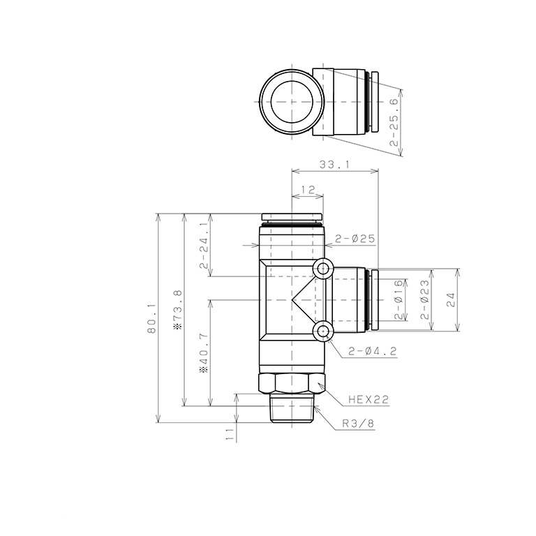 Đầu Nối Nhanh Khí Nén Dạng Chữ T Ren Ngoài Pisco PD16-03W_drawing