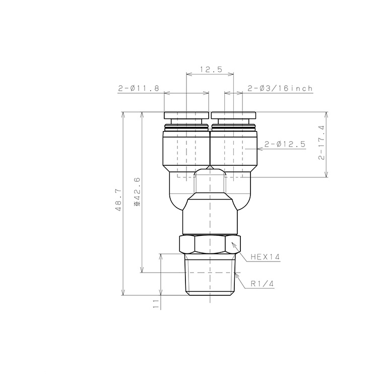Đầu Nối Nhanh Khí Nén Dạng Chữ Y Ren Ngoài Pisco PX3/16-02W_drawing