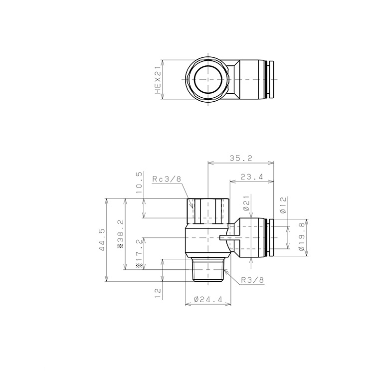 Đầu Nối Nhanh Khí Nén Cong 90° Đầu Lục Giác Trụ Ren Đực Cái Pisco PHF12-03W_drawing