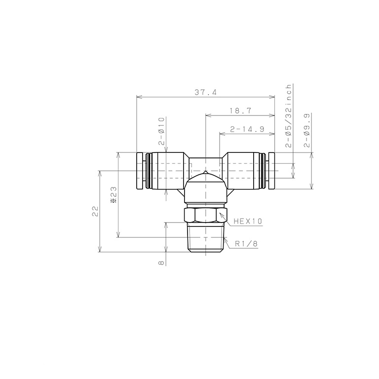 Đầu Nối Nhanh Khí Nén Dạng Chữ T Ren Ngoài Pisco PB5/32-01_drawing