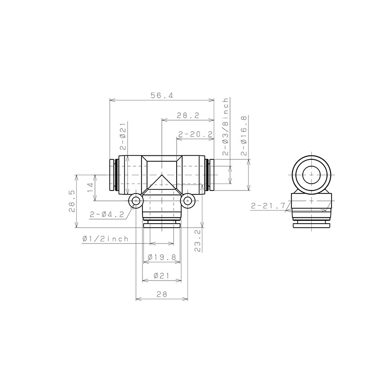 Đầu Nối Nhanh Khí Nén Chữ T Dạng Nối Giảm Pisco PEG3/8-1/2_drawing