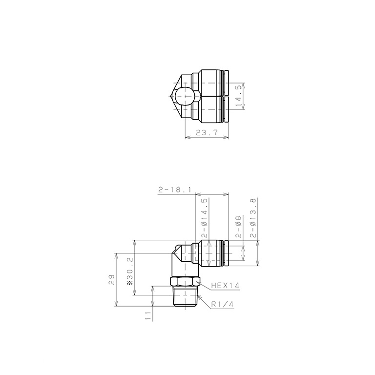 Đầu Nối Nhanh Khí Nén Hai Nhánh Cong 90° Ren Ngoài Pisco PAX8-02W_drawing