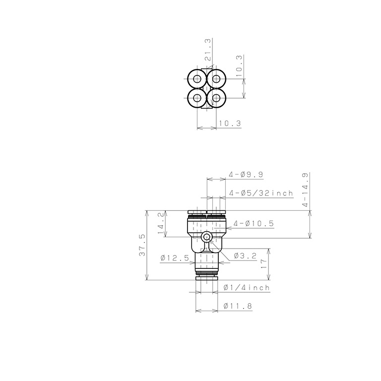 Đầu Nối Nhanh Khí Nén Chữ Y 5 Ngã Dạng Nối Giảm Pisco PRG1/4-5/32-C_drawing