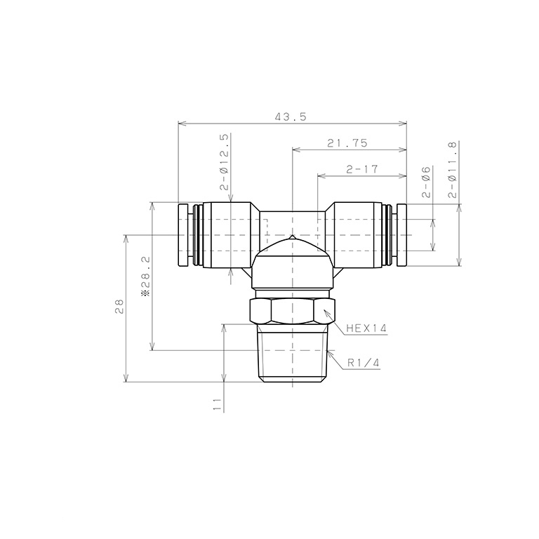 Đầu Nối Nhanh Khí Nén Dạng Chữ T Ren Ngoài Pisco PB6-02-UC_drawing