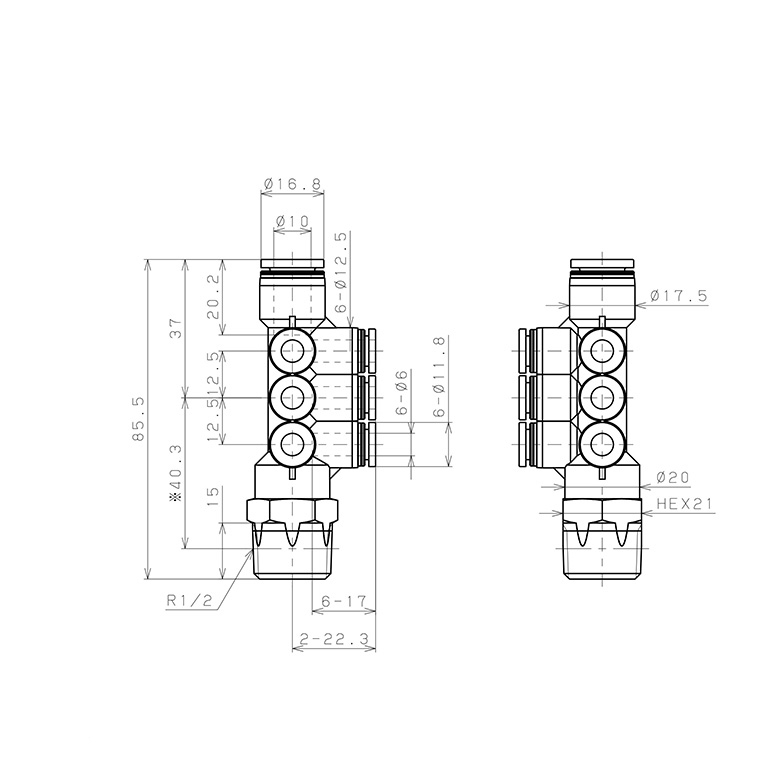 Đầu Nối Nhanh Khí Nén Dạng Chữ T Sáu Nhánh Ren Ngoài Pisco PKVD10-6-04_drawing