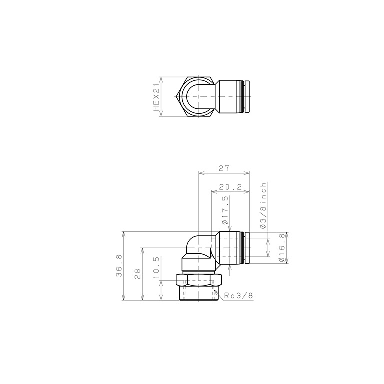 Đầu Nối Nhanh Khí Nén Dạng Cong 90° Ren Trong Pisco PLF3/8-03-C_drawing