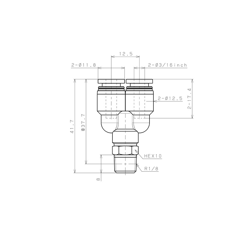 Đầu Nối Nhanh Khí Nén Dạng Chữ Y Ren Ngoài Pisco PX3/16-01-C_drawing