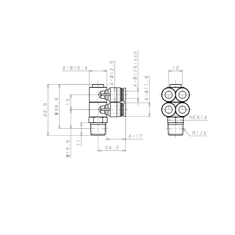 Đầu Nối Nhanh Khí Nén Bốn Nhánh Cong 90° Thân Lục Giác Trụ Ren Ngoài Pisco PAW1/4-02_drawing