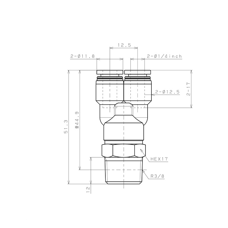 Đầu Nối Nhanh Khí Nén Dạng Chữ Y Ren Ngoài Pisco PX1/4-03W_drawing
