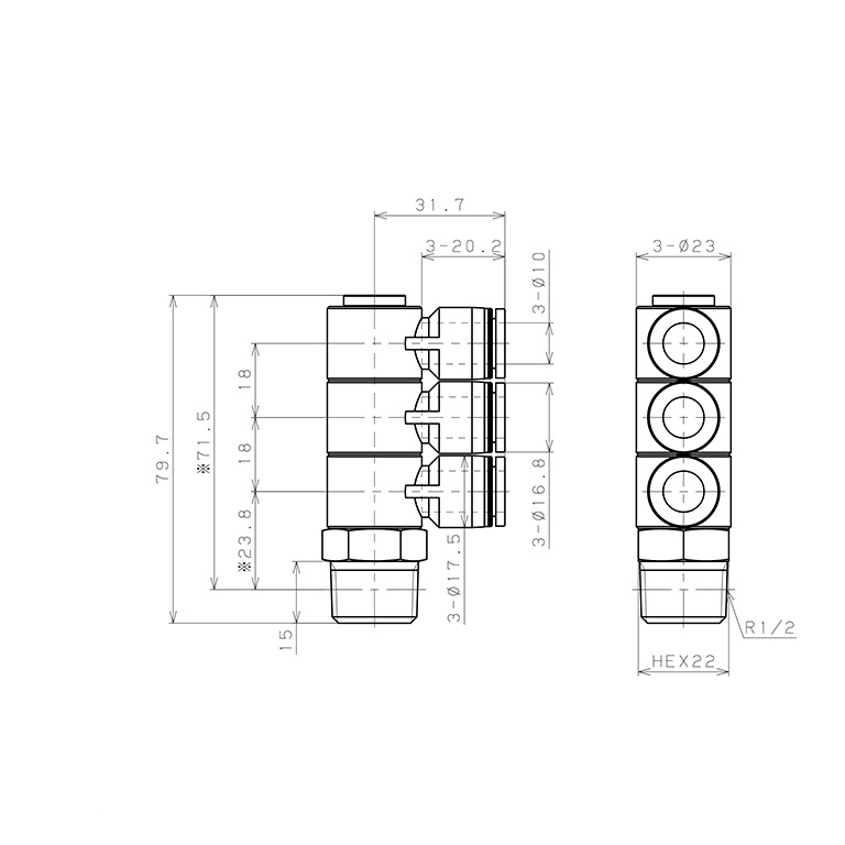 Đầu Nối Nhanh Khí Nén Ba Nhánh Cong 90° Thân Lục Giác Trụ Ren Ngoài Pisco PHT10-04-C_drawing