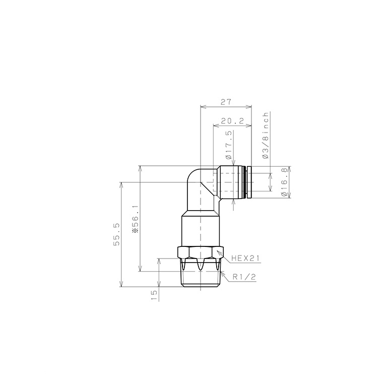 Đầu Nối Nhanh Khí Nén Dạng Cong 90° Ren Ngoài (Dài) Pisco PLL3/8-04W_drawing