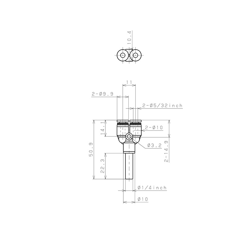Đầu Nối Nhanh Khí Nén Giữa Ống Khí Và Fitting Dạng Nối Giảm Chữ Y Pisco PWJ1/4-5/32-C_drawing