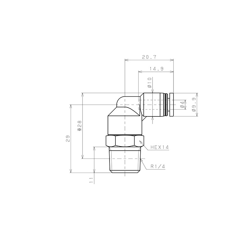 Đầu Nối Nhanh Khí Nén Dạng Cong 90° Ren Ngoài Pisco PL4-02-UC_drawing
