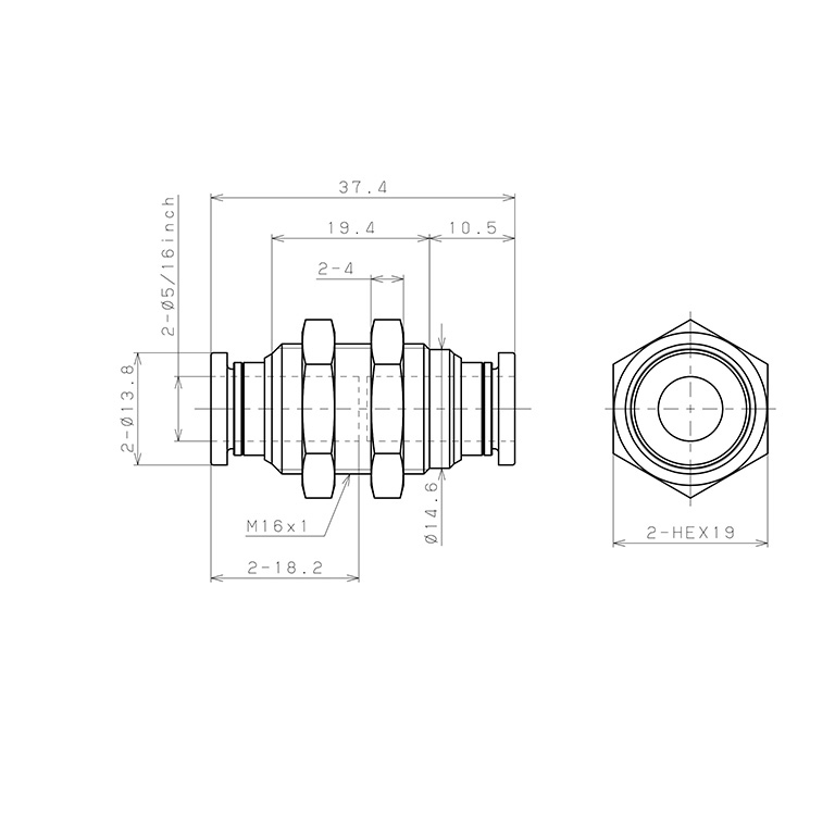 Đầu Nối Nhanh Khí Nén Dạng Thẳng Ren Ngoài Lắp Kẹp Vách Pisco PM5/16W-C_drawing