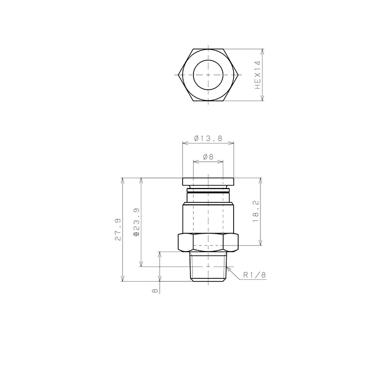 Đầu Nối Nhanh Khí Nén Dạng Thẳng Thân Lục Giác Ren Ngoài Pisco PC8-01-UC_drawing