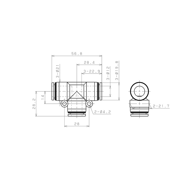 Đầu Nối Nhanh Khí Nén Chữ T Pisco PE12-C_drawing