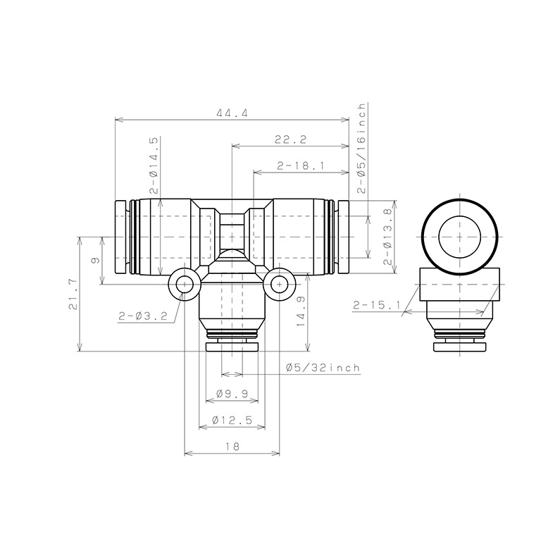 Đầu Nối Nhanh Khí Nén Chữ T Dạng Nối Giảm Pisco PEG5/16-5/32_drawing
