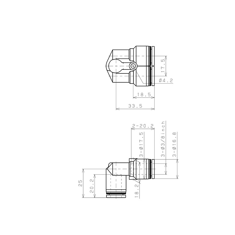 Đầu Nối Nhanh Khí Nén Ba Ngã Cong 90° Pisco PAU3/8_drawing