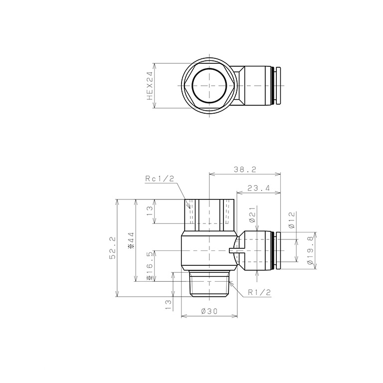 Đầu Nối Nhanh Khí Nén Cong 90° Đầu Lục Giác Trụ Ren Đực Cái Pisco PHF12-04W_drawing