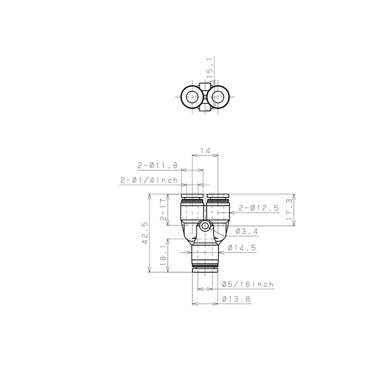 Đầu Nối Nhanh Khí Nén Chữ Y Dạng Nối Giảm Pisco PW5/16-1/4W_drawing