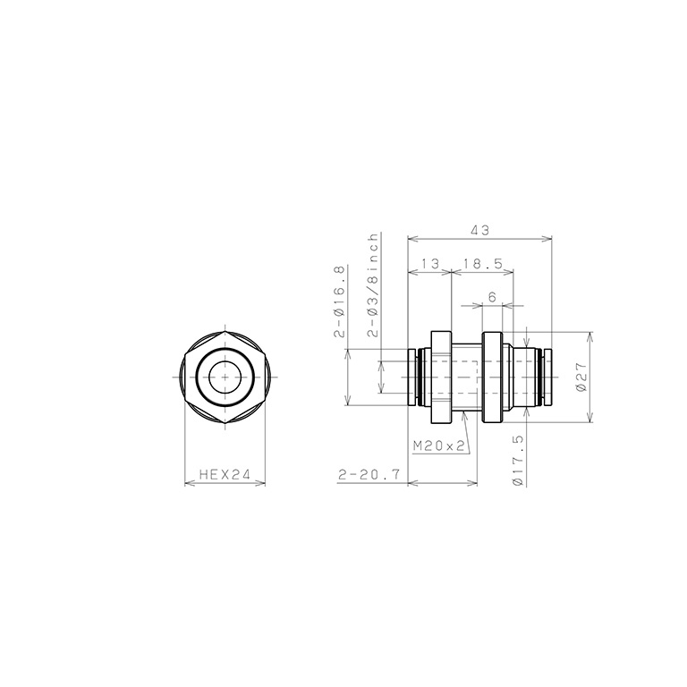 Đầu Nối Nhanh Khí Nén Dạng Thẳng Ren Ngoài Lắp Kẹp Vách Pisco PMP3/8-C_drawing