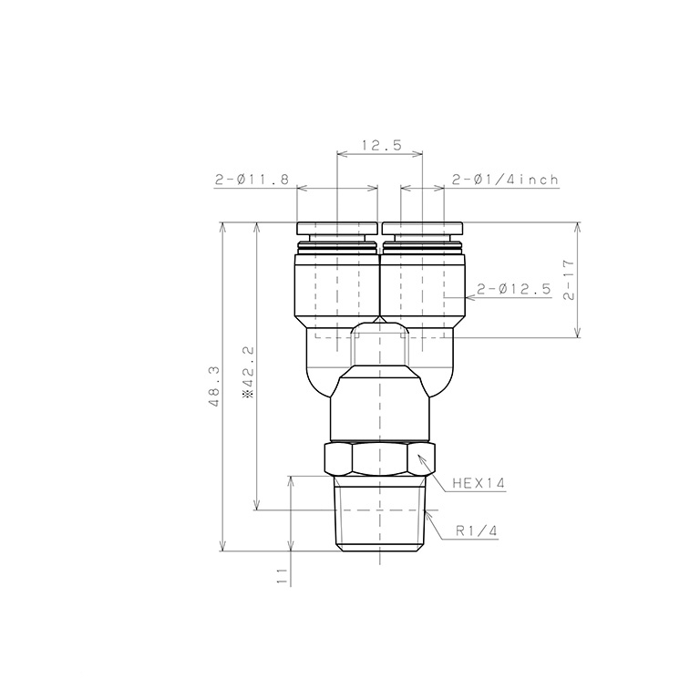 Đầu Nối Nhanh Khí Nén Dạng Chữ Y Ren Ngoài Pisco PX1/4-02_drawing