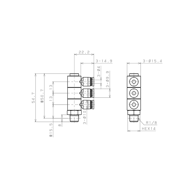 Đầu Nối Nhanh Khí Nén Ba Nhánh Cong 90° Thân Lục Giác Trụ Ren Ngoài Pisco PHT4-01_drawing