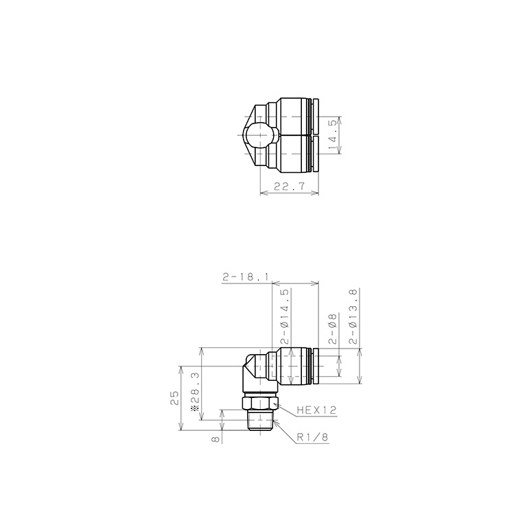 Đầu Nối Nhanh Khí Nén Hai Nhánh Cong 90° Ren Ngoài Pisco PAX8-01-C_drawing