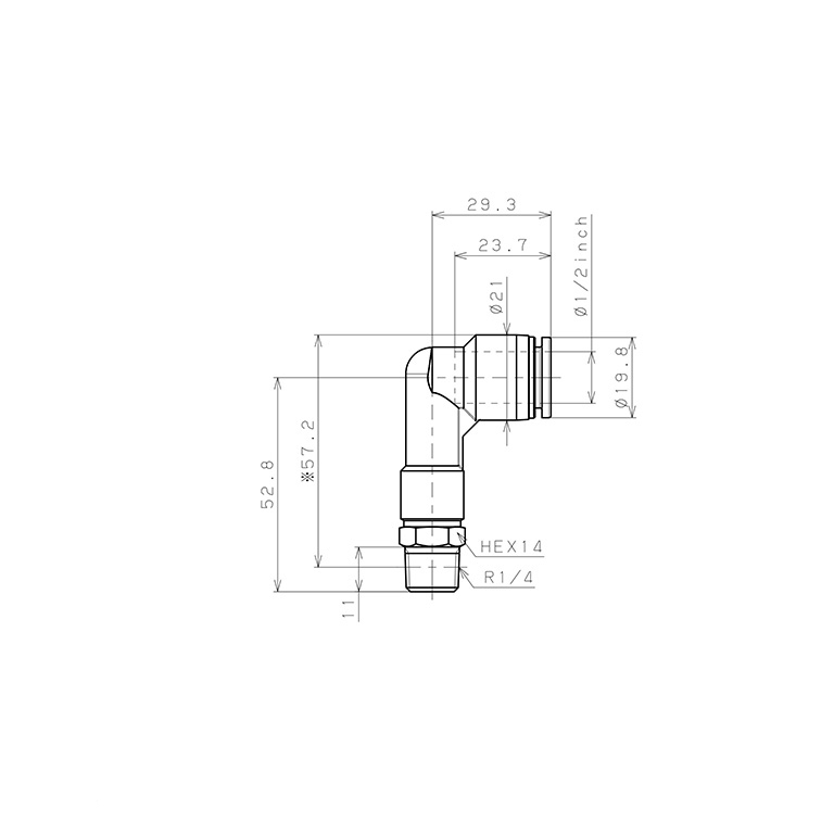 Đầu Nối Nhanh Khí Nén Dạng Cong 90° Ren Ngoài (Dài) Pisco PLL1/2-02_drawing