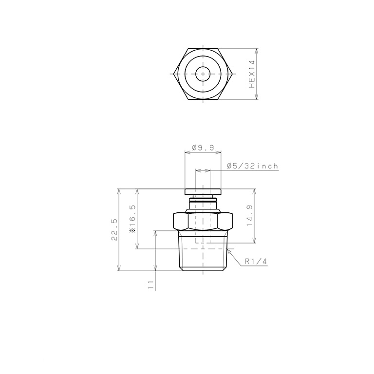 Đầu Nối Nhanh Khí Nén Dạng Thẳng Thân Lục Giác Ren Ngoài Pisco PC5/32-02_drawing
