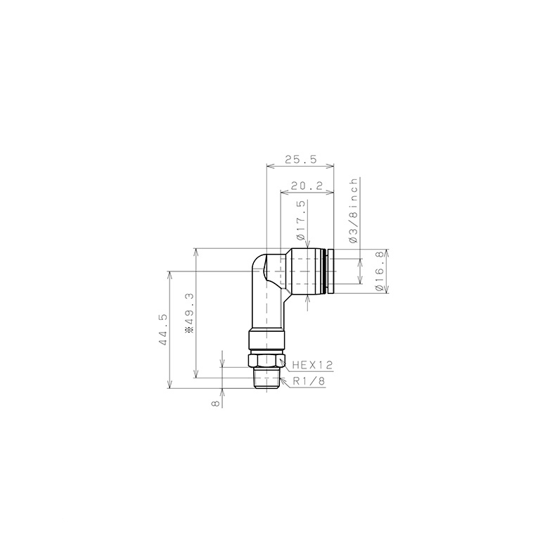 Đầu Nối Nhanh Khí Nén Dạng Cong 90° Ren Ngoài (Dài) Pisco PLL3/8-01-C_drawing