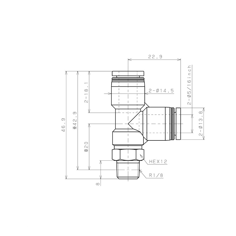 Đầu Nối Nhanh Khí Nén Dạng Chữ T Ren Ngoài Pisco PD5/16-01-C_drawing
