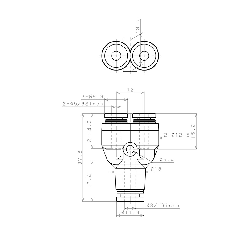 Đầu Nối Nhanh Khí Nén Chữ Y Dạng Nối Giảm Pisco PW3/16-5/32_drawing