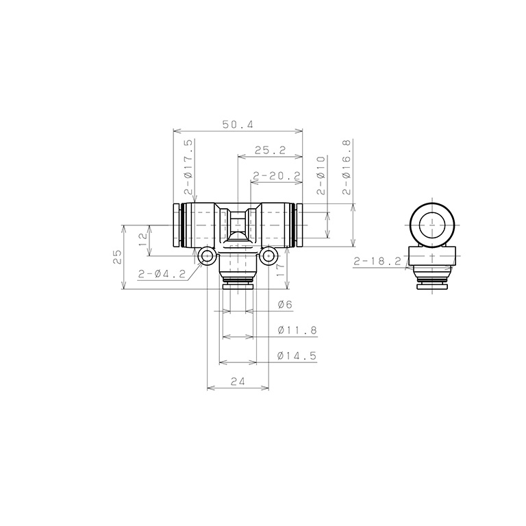 Đầu Nối Nhanh Khí Nén Chữ T Dạng Nối Giảm Pisco PEG10-6W-C_drawing