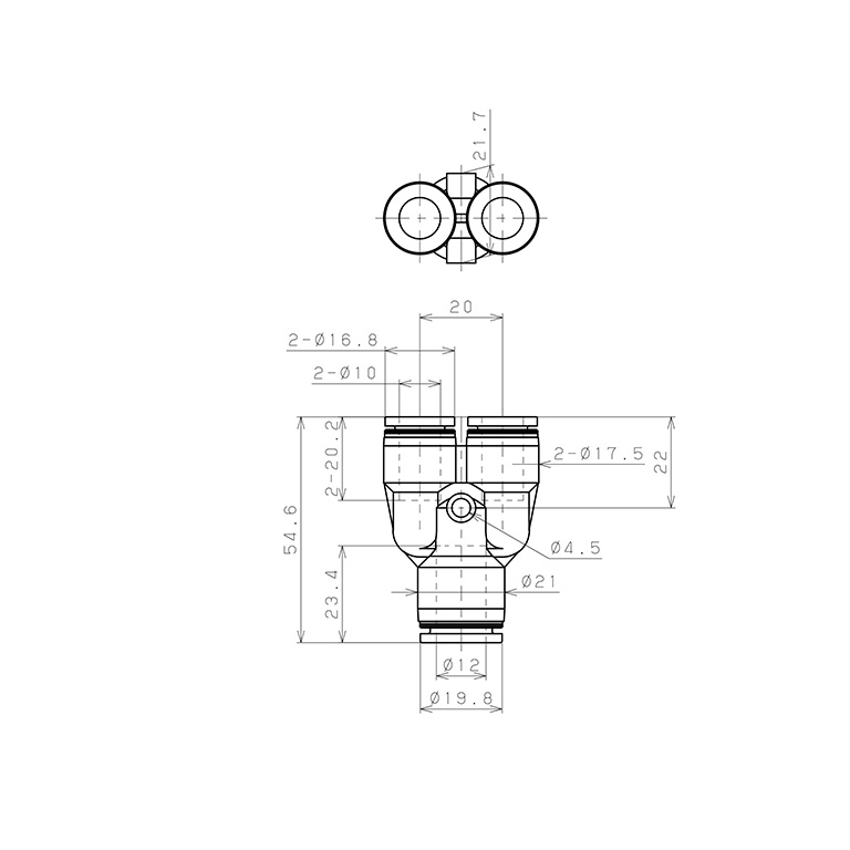 Đầu Nối Nhanh Khí Nén Chữ Y Dạng Nối Giảm Pisco PW12-10-C_drawing