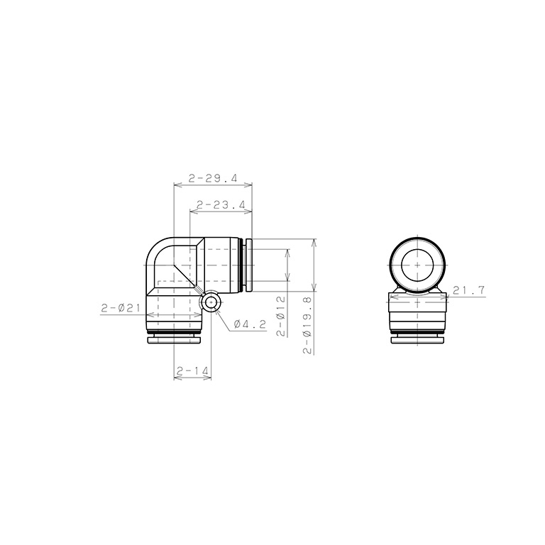 Đầu Nối Nhanh Khí Nén Cong 90° Pisco PV12-C_drawing